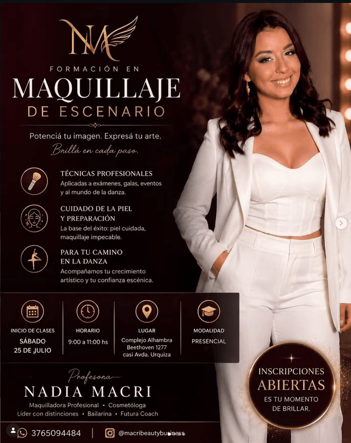 Flyer Macri Beauty — maquillaje de escenario